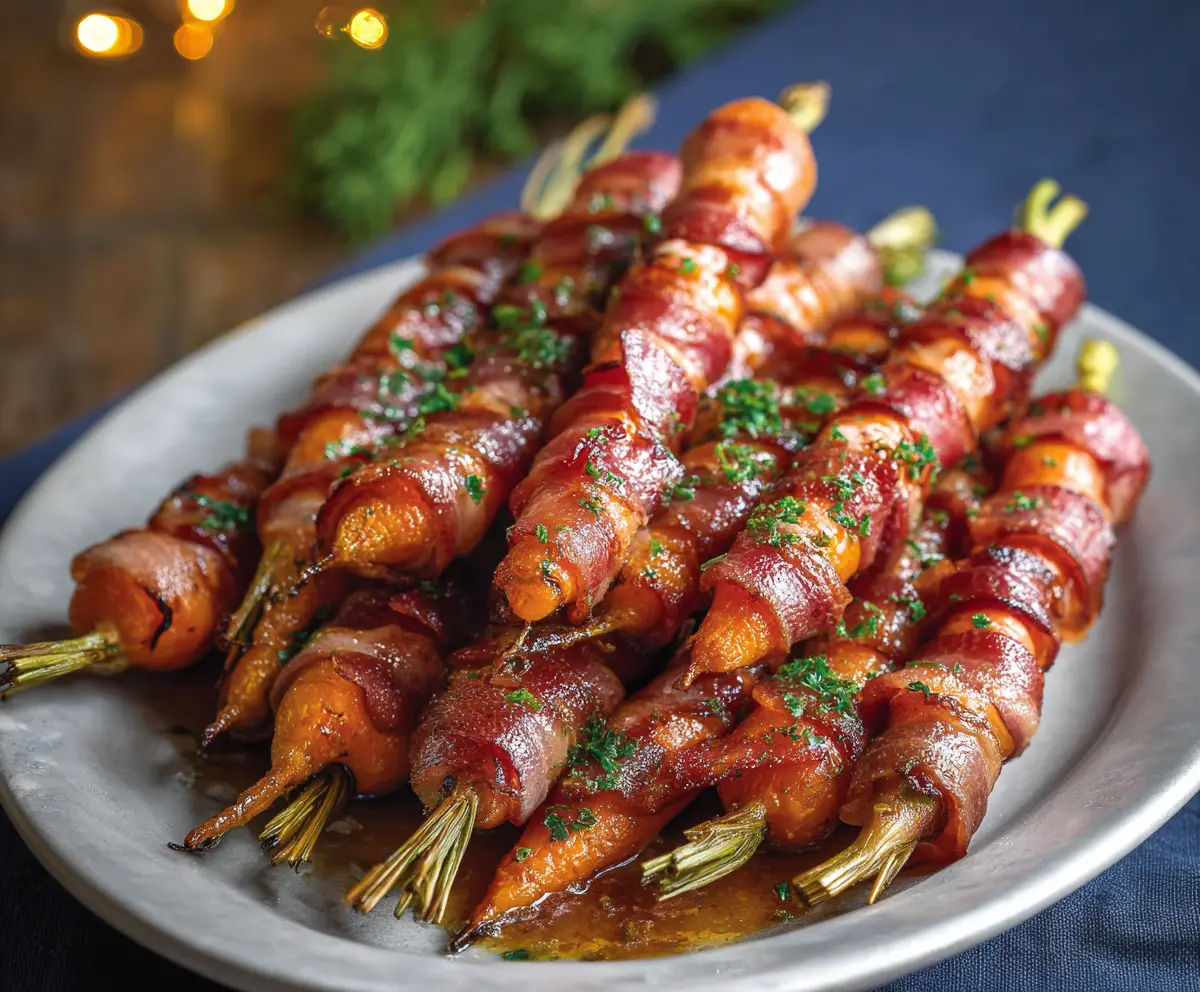 Delicious bacon-wrapped carrots on a plate, garnished with herbs, perfect for a savory appetizer or side dish.