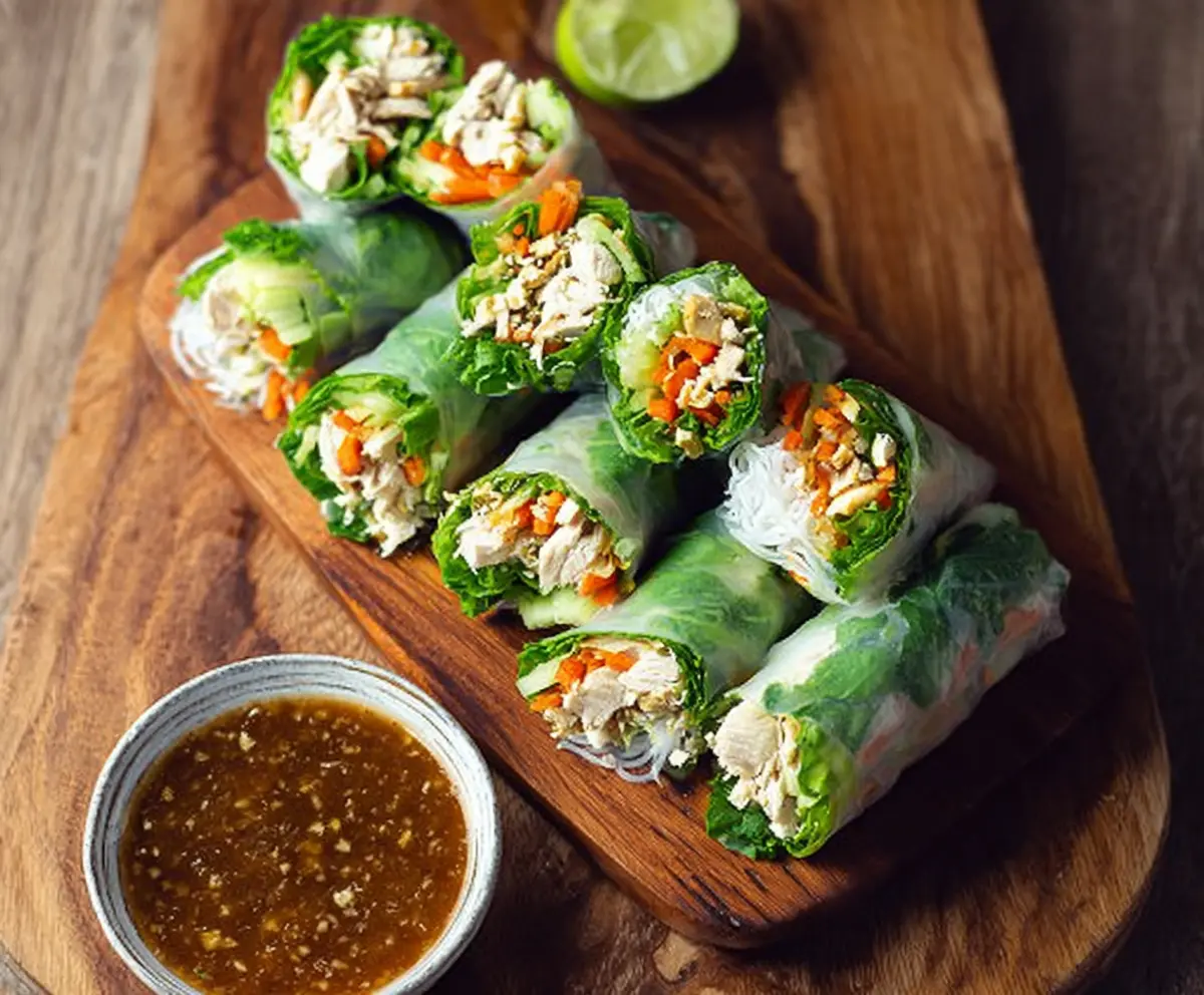 Delicious Bang Bang Chicken Rice Paper Rolls with fresh vegetables and spicy sauce