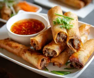 Crispy beef lumpia rolls served with sweet dipping sauce on a white plate.