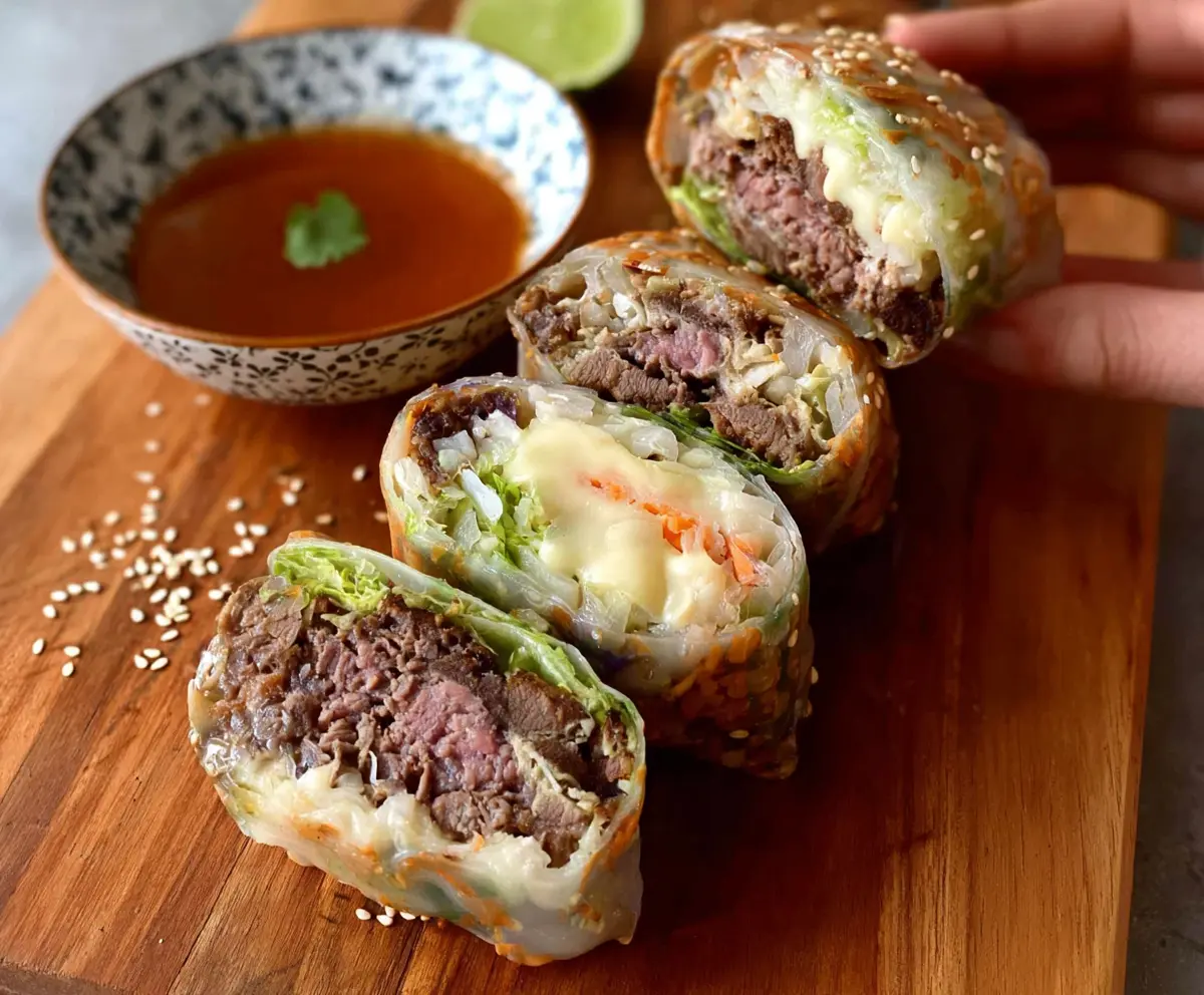 Delicious Big Mac rice paper rolls filled with beef, lettuce, cheese, and special sauce.