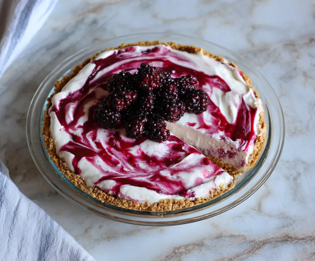 Delicious Blackberry Ice Cream Pie topped with fresh blackberries and mint.