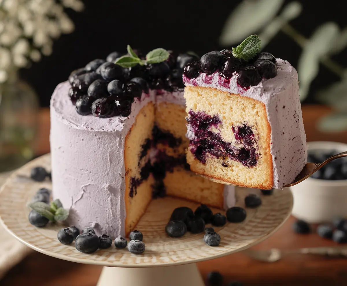 Delicious blueberry chiffon cake with fluffy texture and fresh blueberries on top.