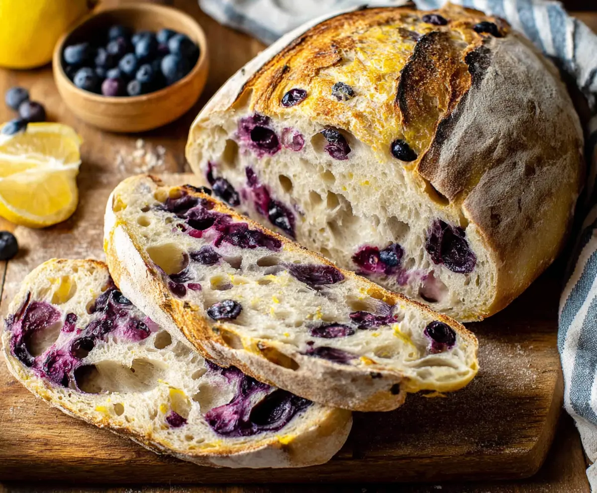 Fresh blueberry lemon sourdough bread on a rustic wooden surface, highlighting a golden crust with blueberries and lemon zest.