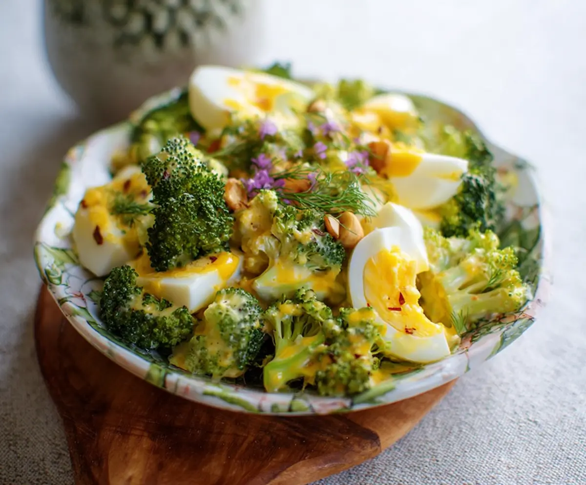 Fresh broccoli egg salad with chopped vegetables and a creamy dressing on a white plate.