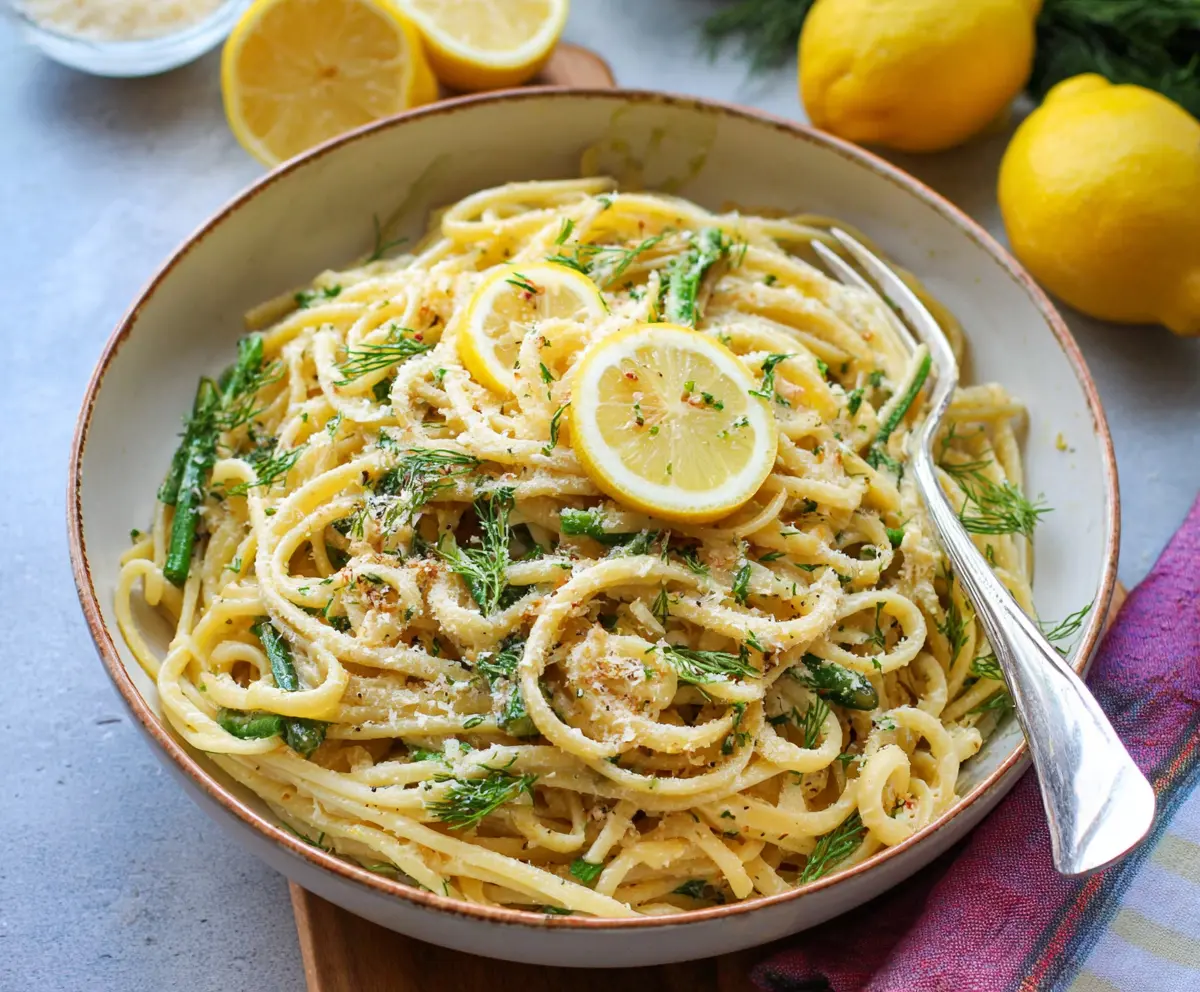 Creamy browned butter lemon dill pasta garnished with fresh herbs and lemon slices.