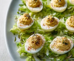 Delicious Caesar-style deviled eggs garnished with herbs on a white plate.