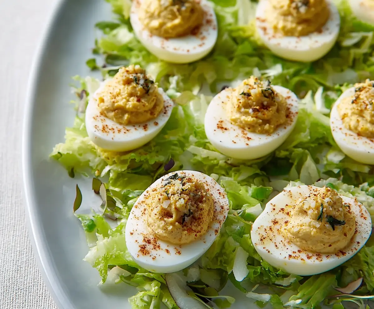 Delicious Caesar-style deviled eggs garnished with herbs on a white plate.