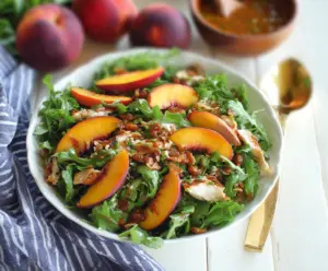 Fresh caramelized onion and juicy peach atop a bed of arugula salad