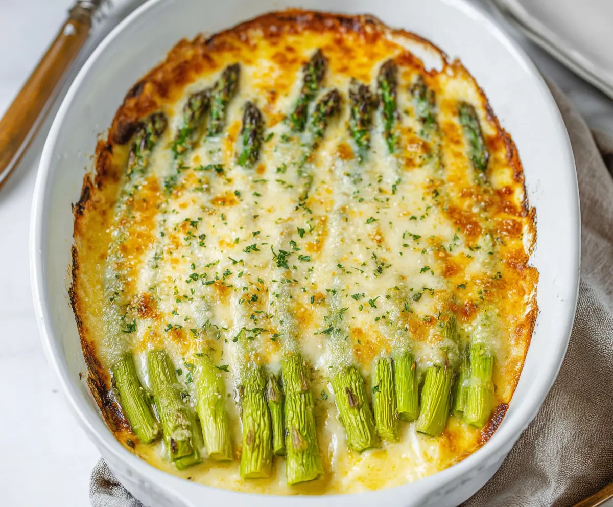 Delicious Cheesy Asparagus Bake topped with melted cheese and fresh herbs.