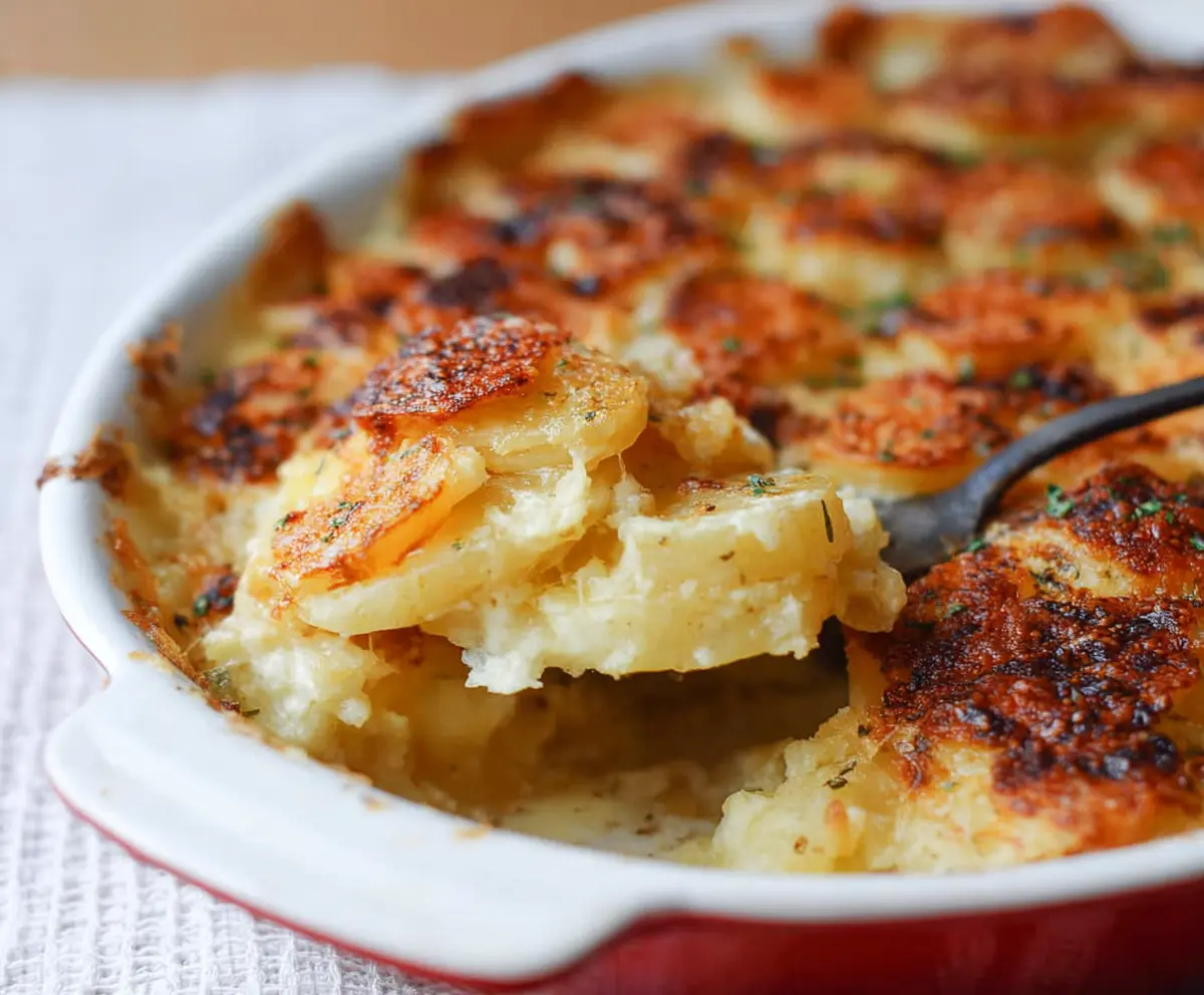 Delicious Cheesy Delmonico Potatoes Casserole with melted cheese and crispy toppings