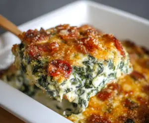 Delicious Cheesy Italian Spinach Bake with melted cheese and fresh spinach on a plate.