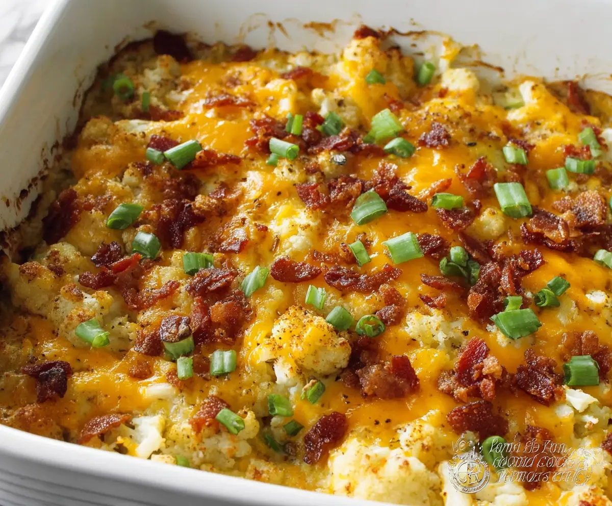 Creamy cheesy loaded cauliflower casserole topped with melted cheese and fresh herbs.