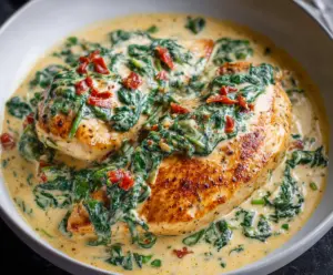 Juicy chicken breast topped with a creamy spinach Parmesan sauce on a white plate.