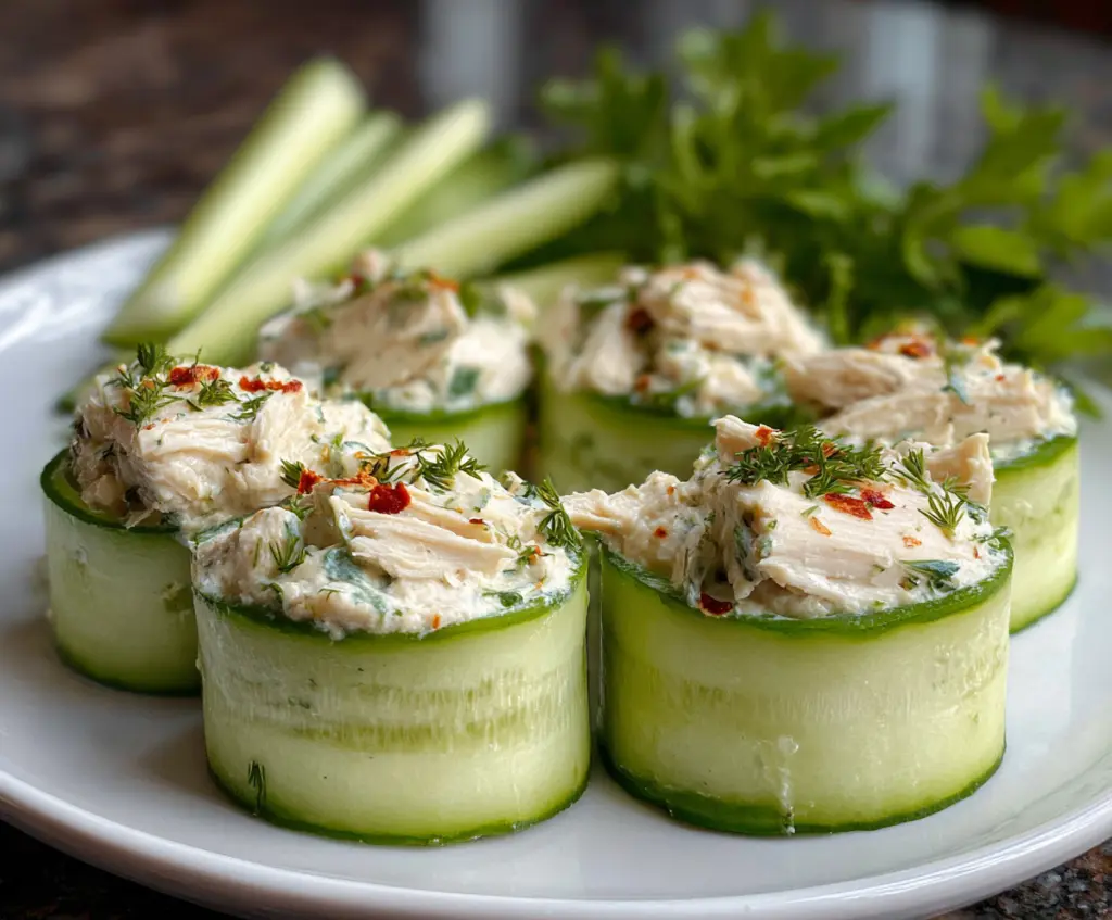 Fresh chicken salad cucumber roll ups served as a healthy appetizer
