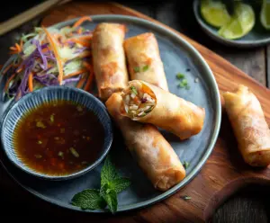 Crispy chicken spring rolls with fresh vegetables on a white plate