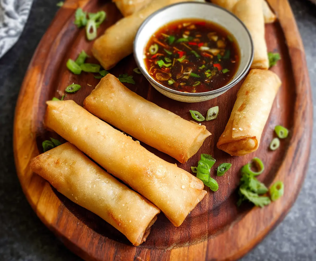 Crispy Chinese spring rolls filled with vegetables served on a white plate.