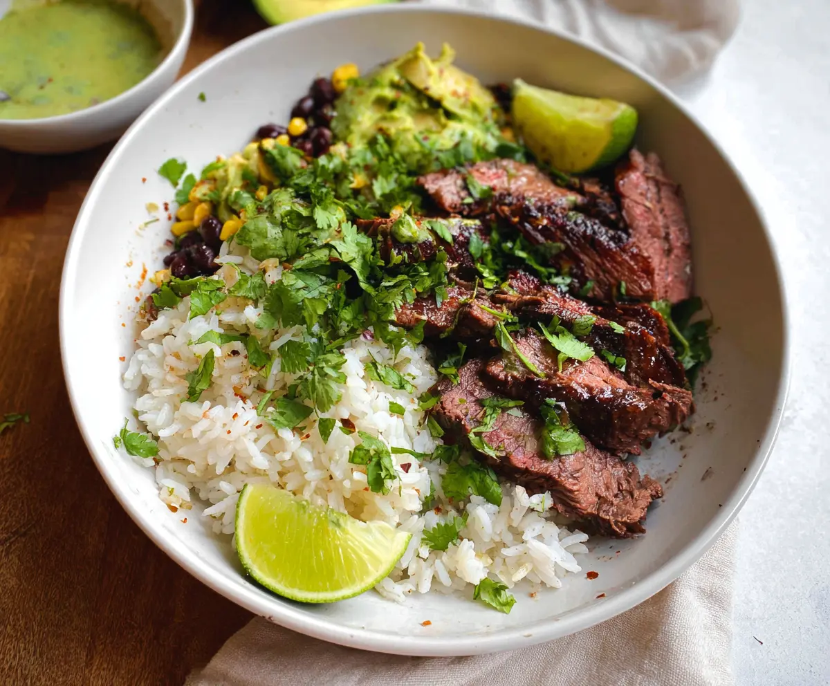 Delicious cilantro lime steak served over fluffy rice in a bowl, garnished with fresh cilantro.