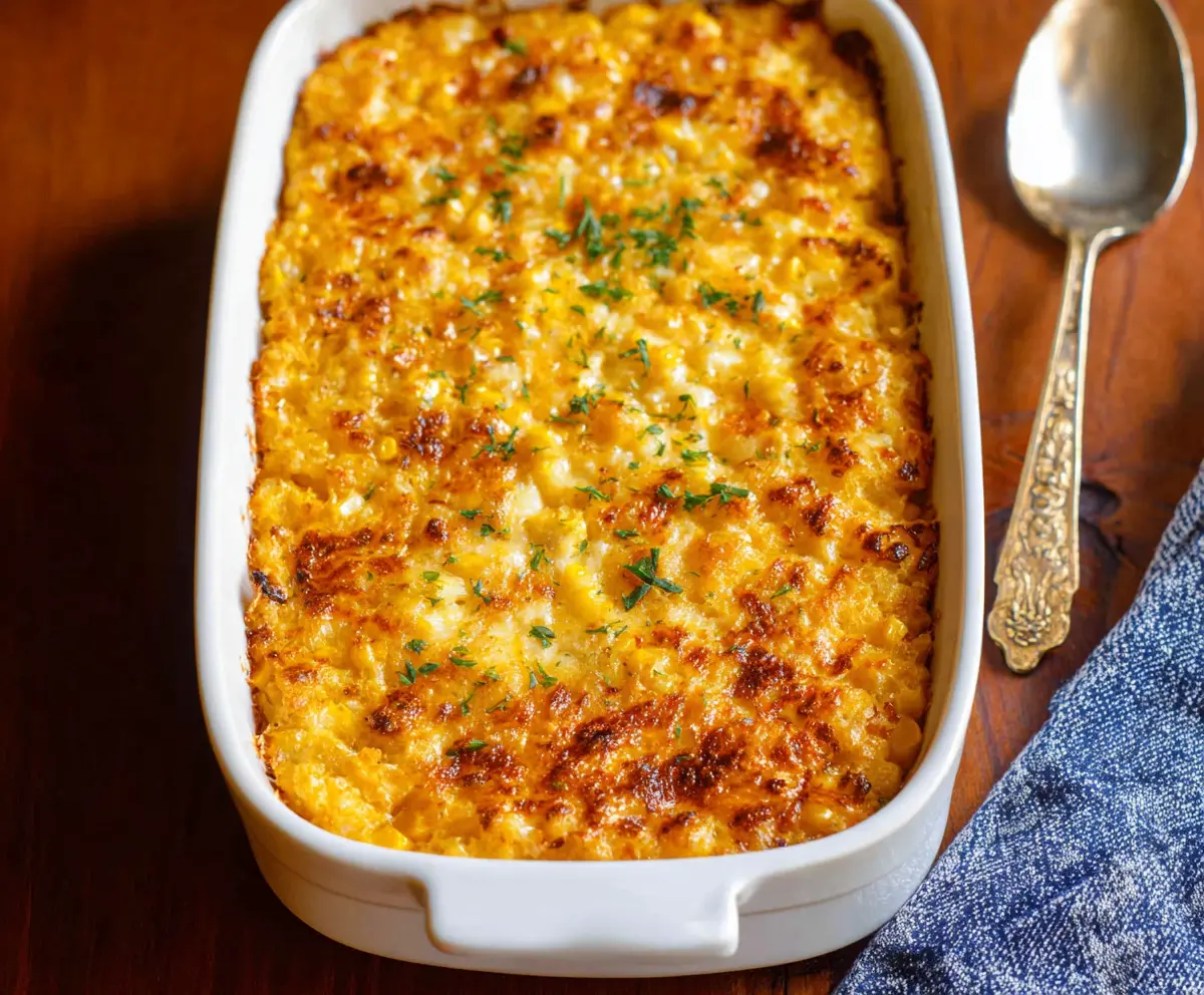 Delicious golden baked corn casserole with crispy top and creamy core, perfect for family dinners.