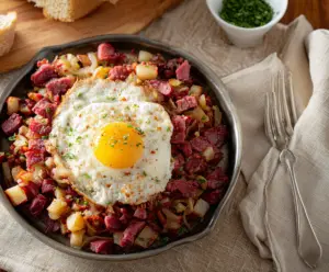 Delicious Corned Beef Hash served with crispy potatoes and vegetables