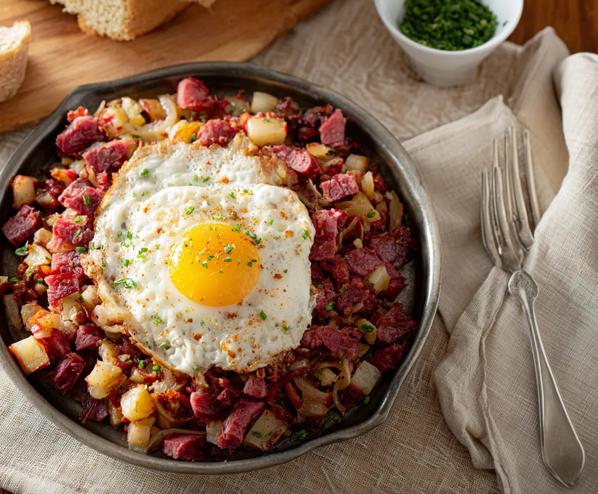 Delicious Corned Beef Hash served with crispy potatoes and vegetables
