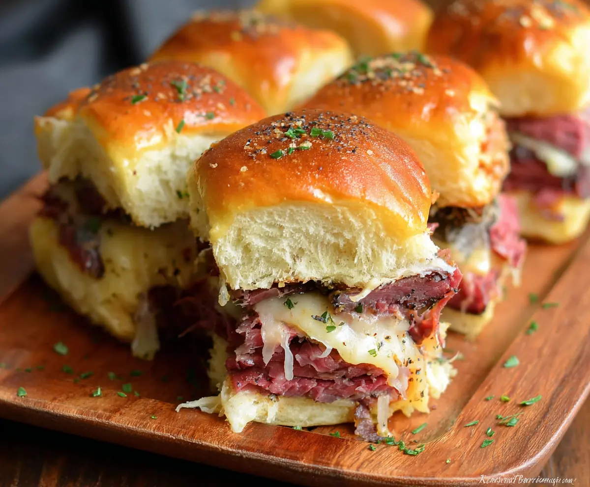 Delicious corned beef sliders with melted cheese and fresh buns, perfect for appetizer or party snack.