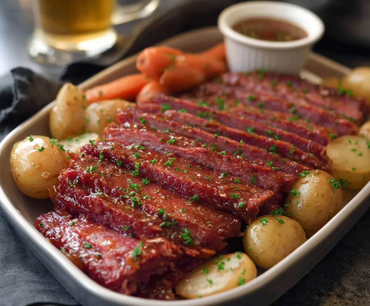 Juicy corned beef with a shiny beer glaze served on a plate, perfect for a hearty meal.
