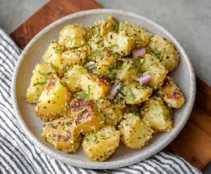 Creamy mustard potatoes served as a delicious side dish with herbs and spices.