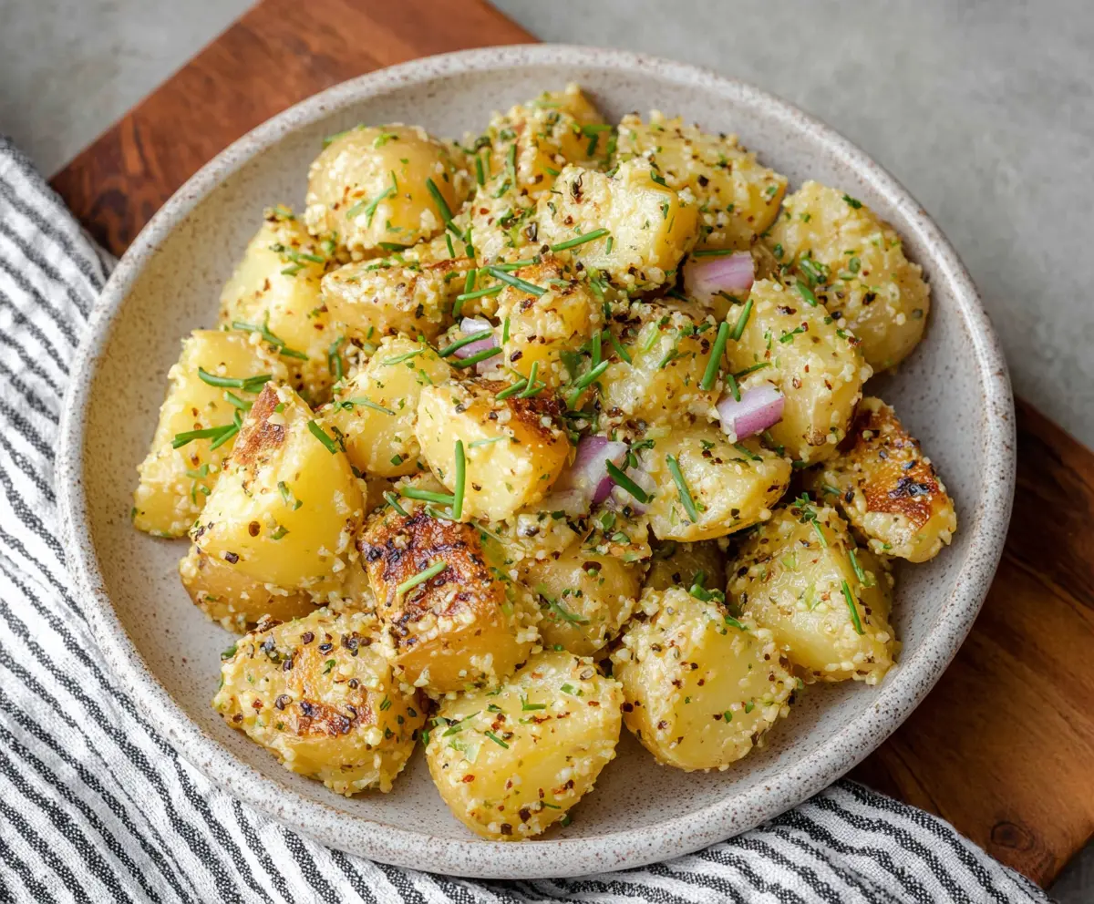 Creamy mustard potatoes served as a delicious side dish with herbs and spices.
