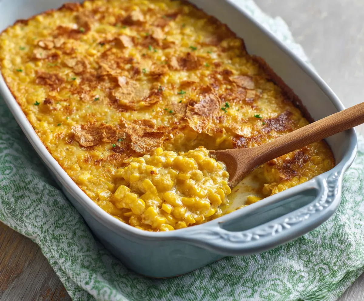 Creamy scalloped corn in a baking dish with golden crust and tender corn slices.