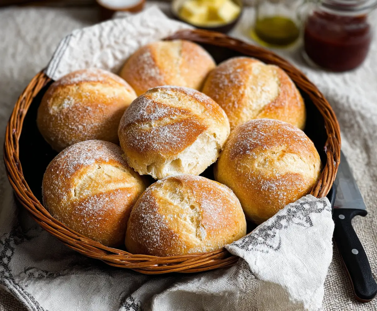 Freshly baked crusty sourdough dinner rolls on a rustic wooden table, perfect for a comforting meal.