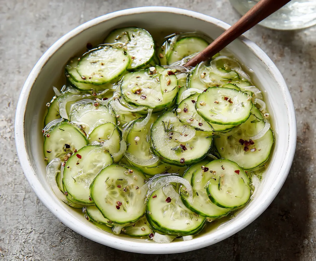 Fresh cucumber vinegar salad garnished with herbs, perfect for a light and tangy appetizer.