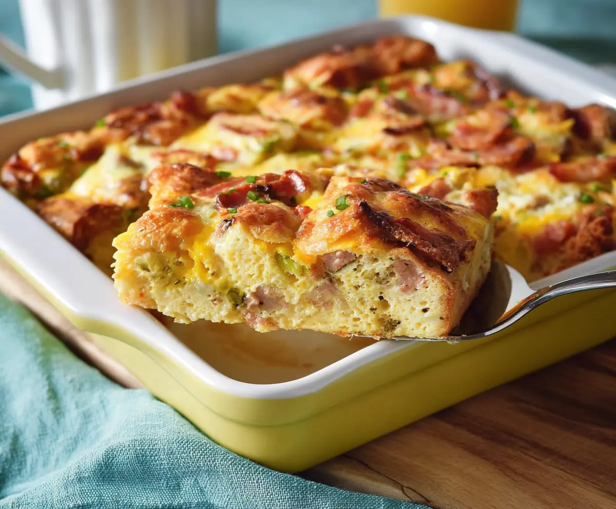 Delicious Easter Breakfast Casserole with eggs, cheese, and ham in a baking dish.