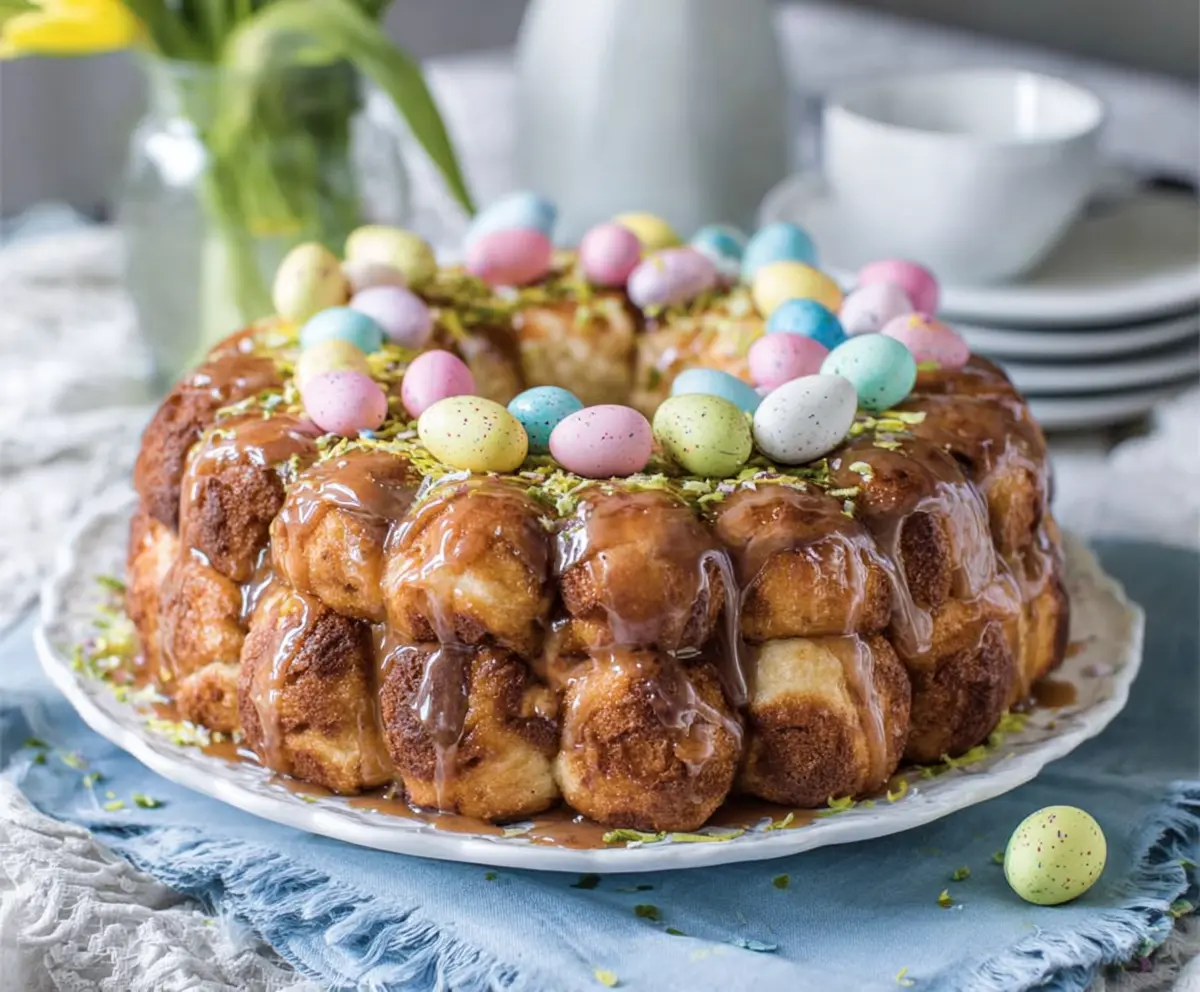 Delicious Easter brunch Monkey Bread with gooey cinnamon and sugar topping served on a festive table
