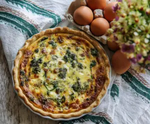 Delicious Easter brunch quiche with a golden crust and fresh vegetables on a festive table.