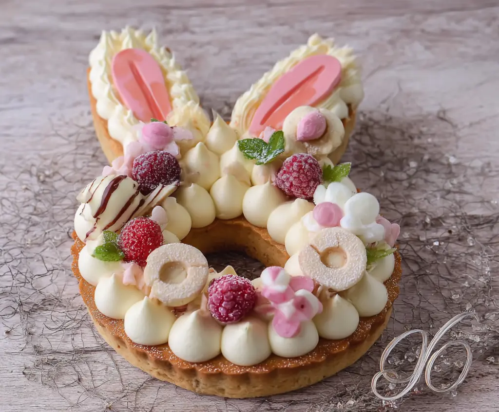 Delicious Easter Bunny Cream Tart with colorful decorations on a festive table.