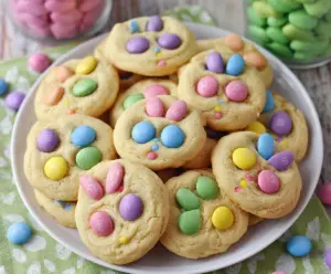 Decorative Easter Bunny M&M's Cookies on a plate, colorful and festive for Easter celebrations.