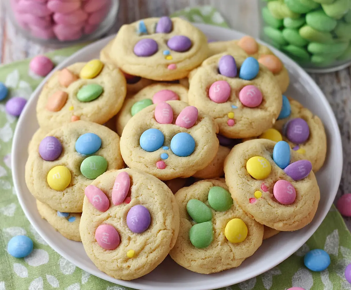 Decorative Easter Bunny M&M's Cookies on a plate, colorful and festive for Easter celebrations.