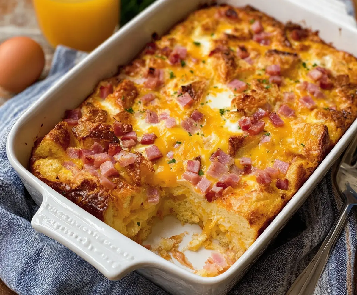 Easter cheesy ham and egg casserole served in a baking dish with fresh herbs.