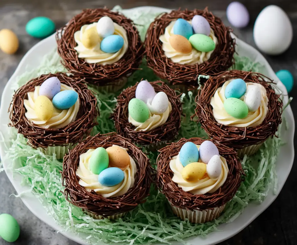 Delicious Easter Egg Nest Cupcakes decorated with colorful candies and frosting for spring celebration