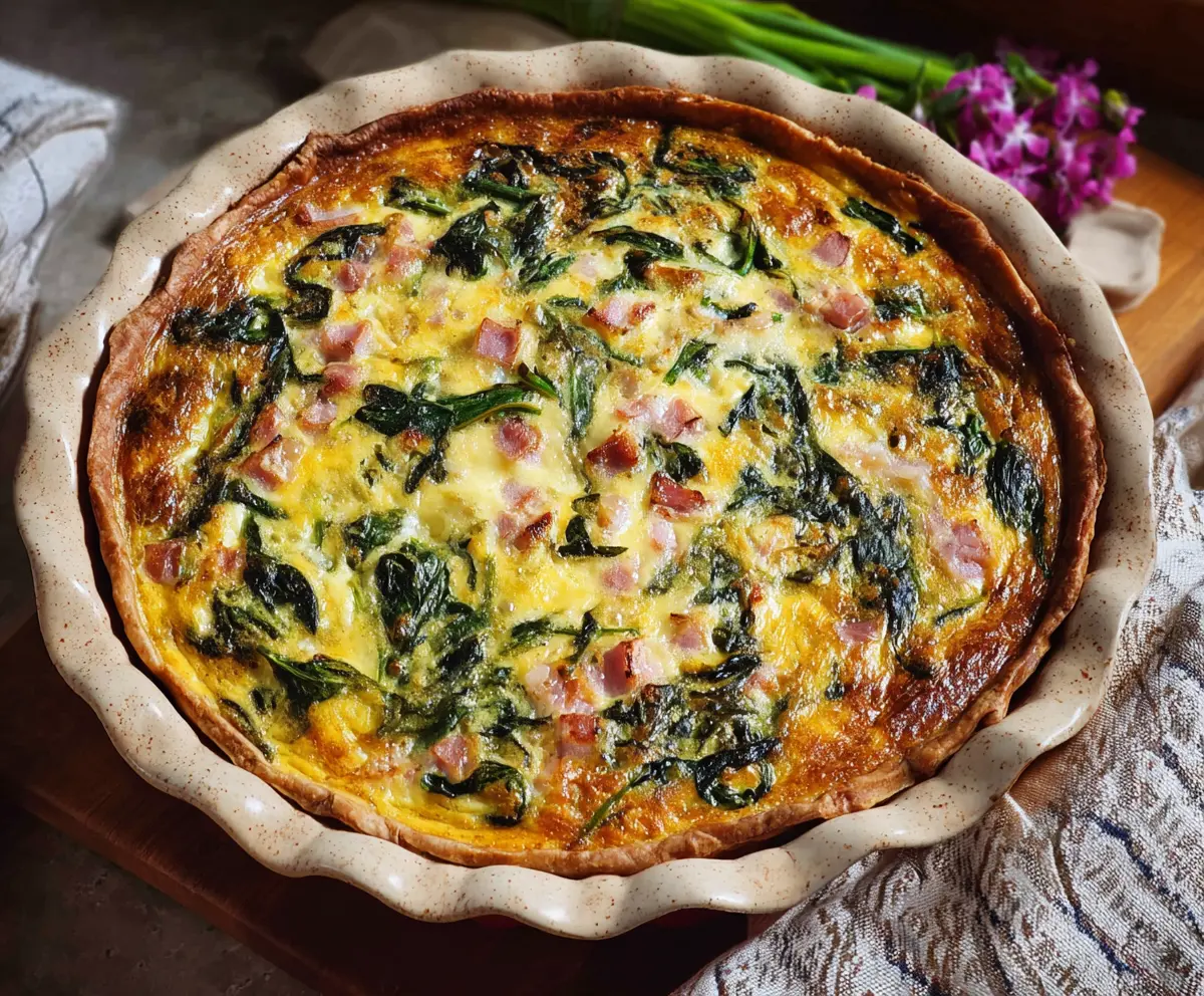Delicious Easter ham and spinach quiche served warm on a festive table.