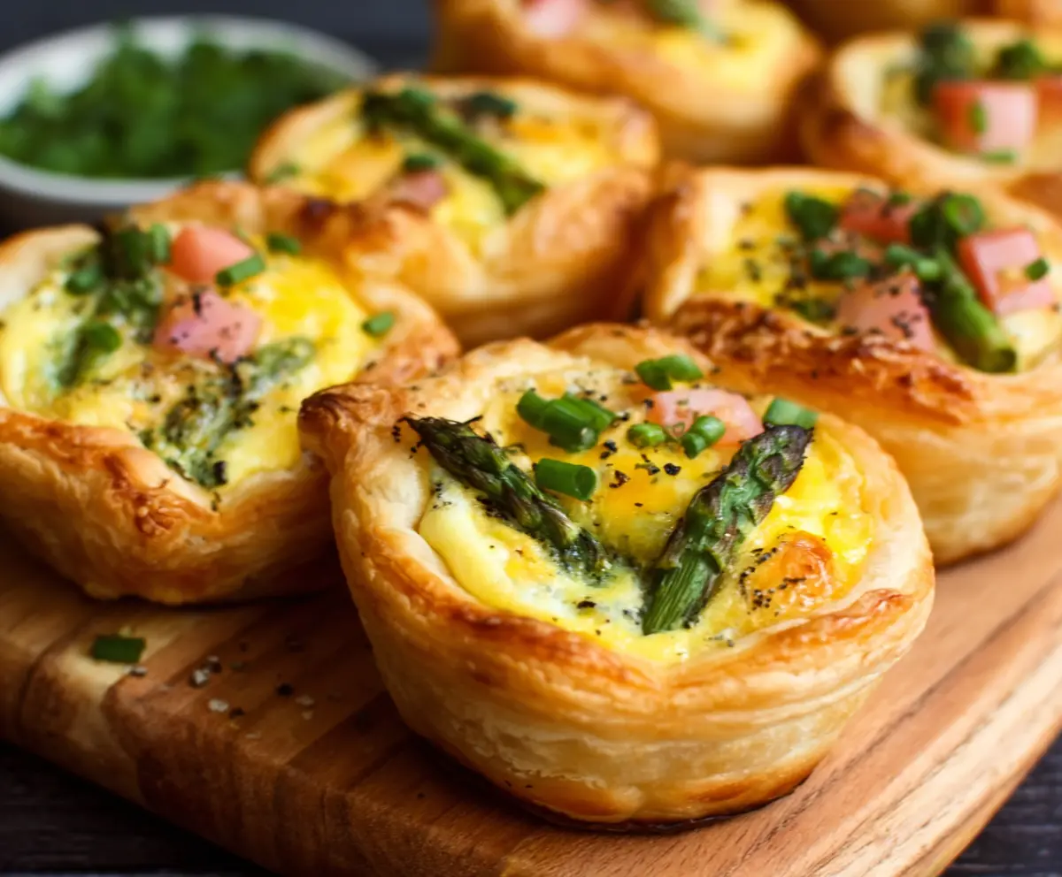 Easter Puff Pastry Quiche Cups filled with cheese and vegetables for brunch.