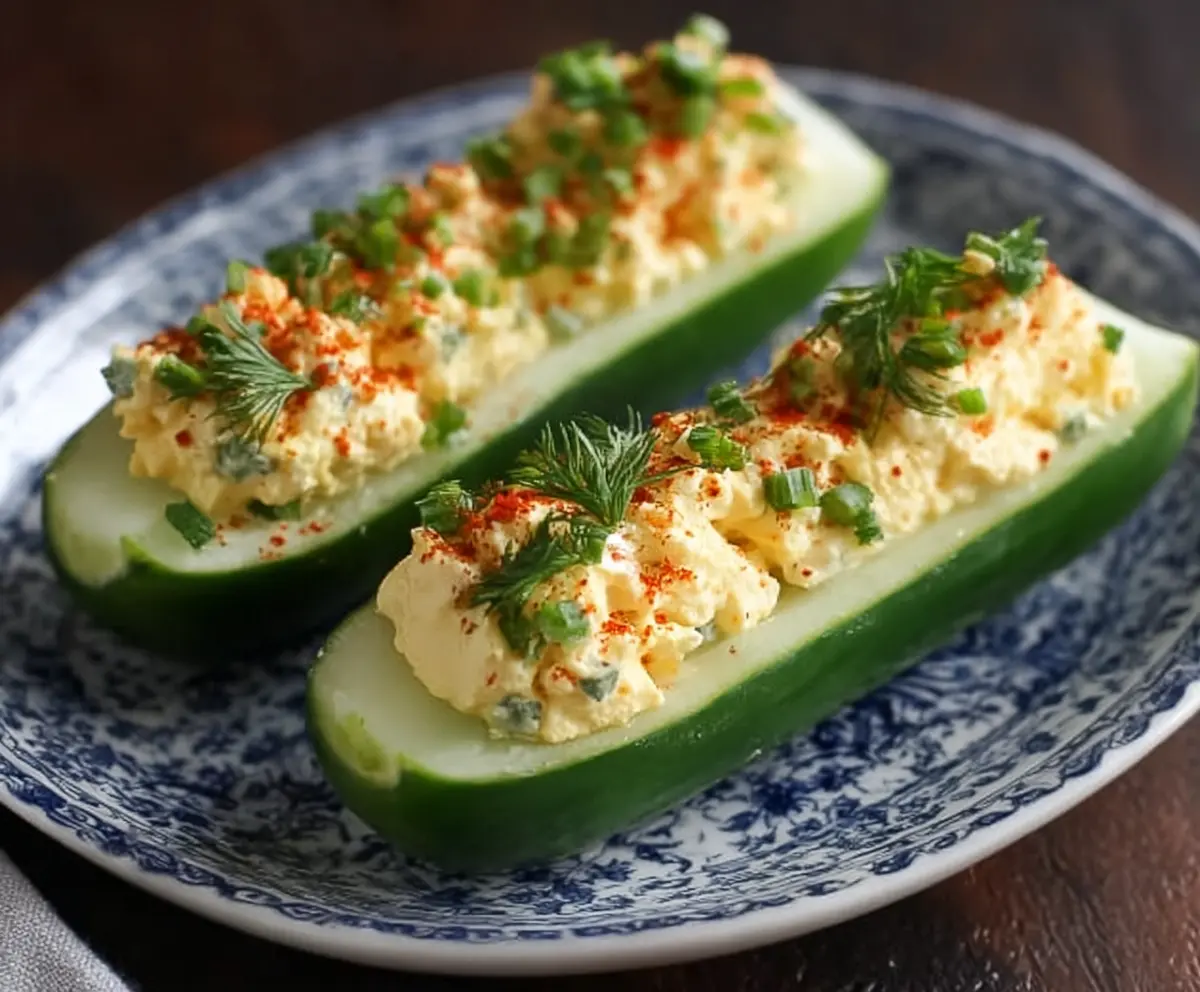 Fresh cucumber slices filled with creamy egg salad, perfect for a healthy snack or appetizer.