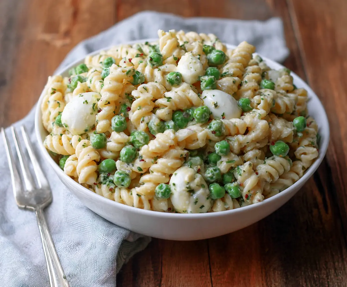 Delicious English Pea Pasta Salad with fresh herbs and vibrant vegetables