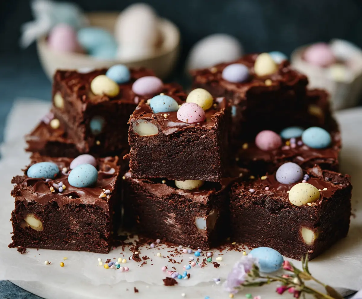 Delicious Frosted Mini Egg Easter Brownies with colorful toppings on a dessert plate.
