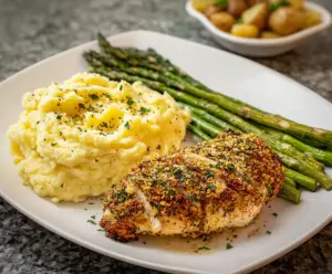 Delicious garlic herb chicken served with creamy mashed potatoes and roasted asparagus on a dinner plate.