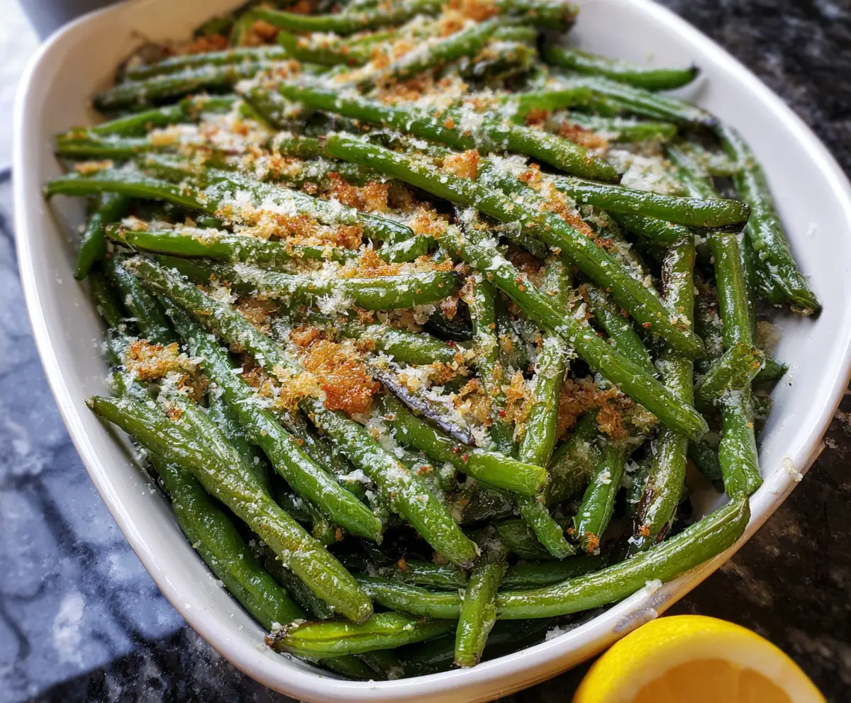 Fresh garlic Parmesan green beans cooked to perfection, garnished with grated cheese and herbs.