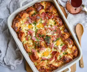 Delicious ham and cheese croissant brunch bake served in a dish, perfect for breakfast or brunch gatherings.