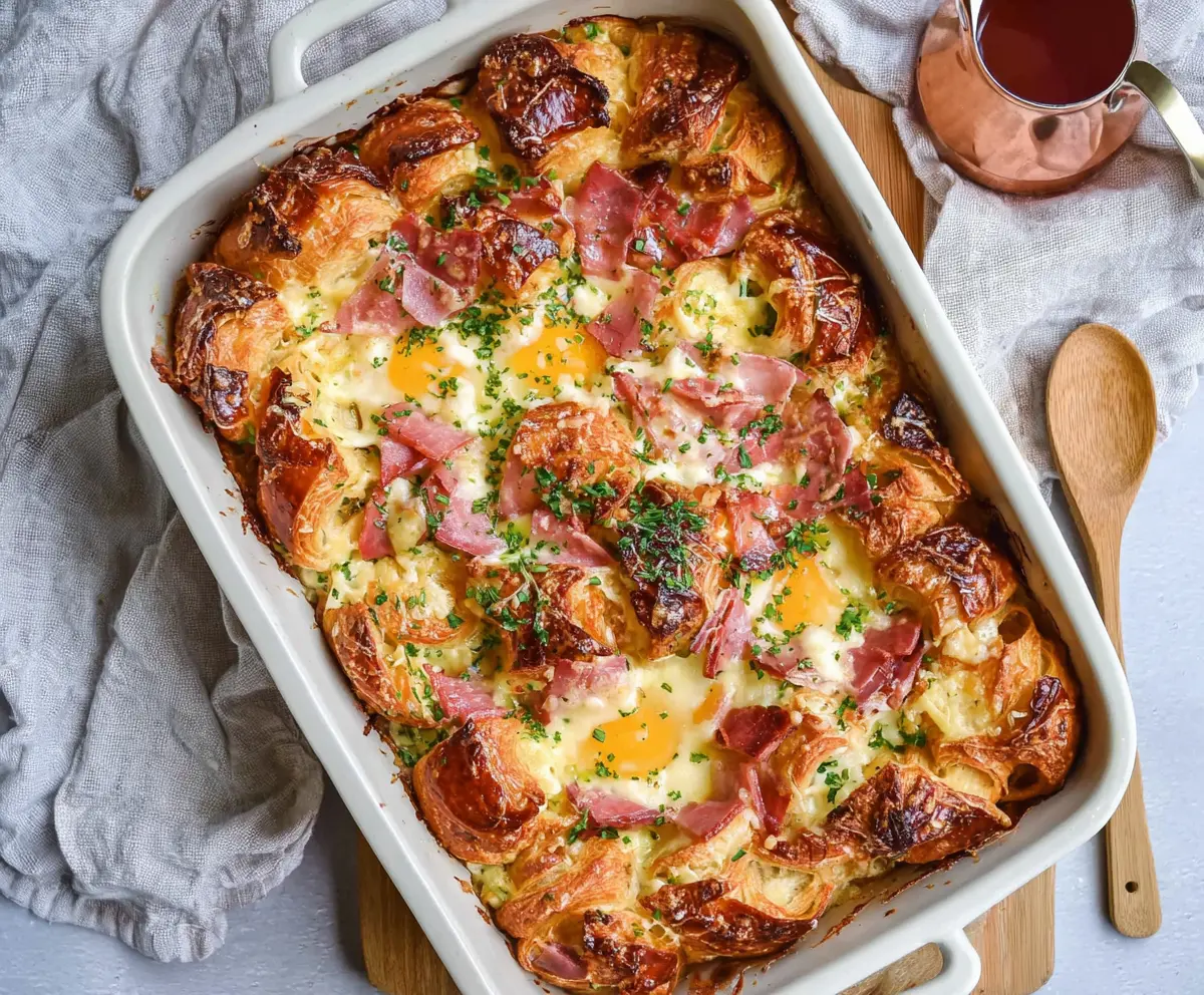 Delicious ham and cheese croissant brunch bake served in a dish, perfect for breakfast or brunch gatherings.