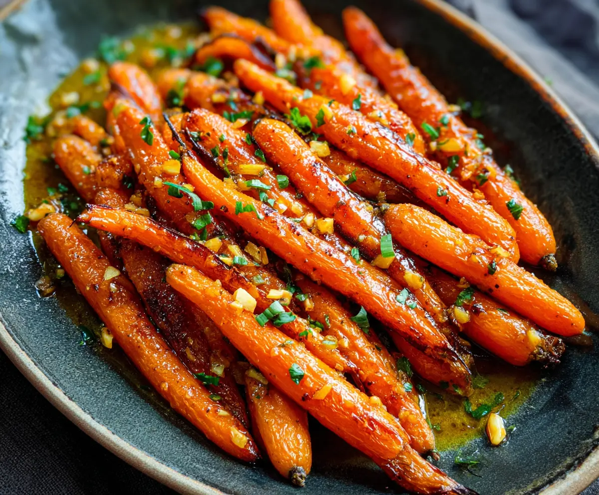 Delicious honey garlic roasted carrots served on a white plate, perfect for a healthy side dish.