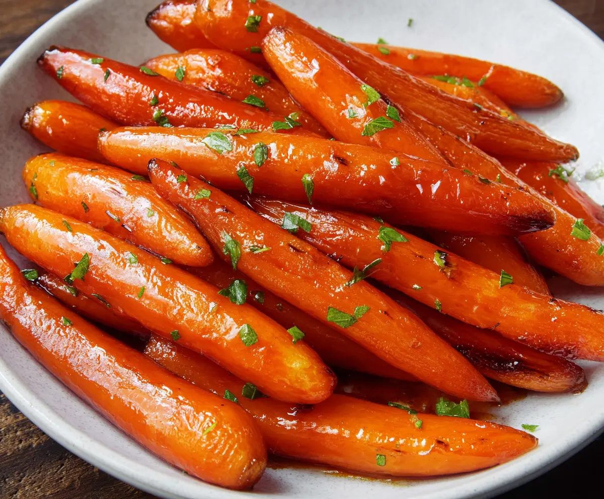 Delicious honey glazed carrots garnished with fresh herbs on a rustic wooden table.